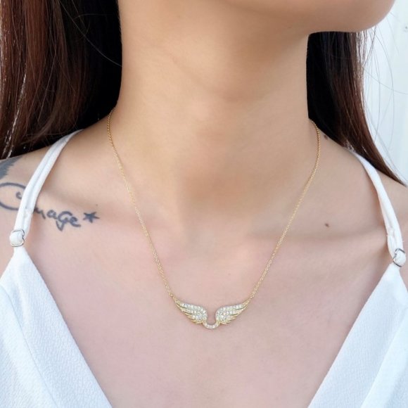 NEW Pave CZ Diamond Angel Wings Necklace - Picture 2 of 6